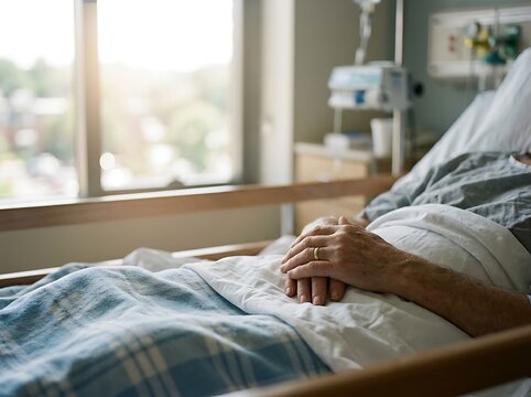 Elderly patient resting peacefully in hospital bed with intravenous drip and blurred window light