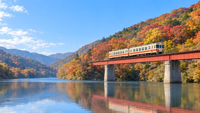 紅葉の渓谷にかかる鉄橋を渡るローカル線 青空と川面に映る秋の日本の風景