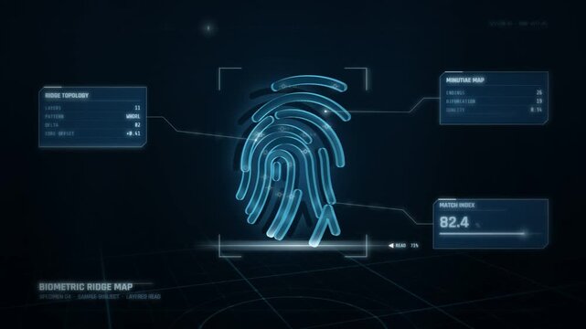 Fingerprint scan interface with a biometric ridge map and identity confirmed at 99.7 percent match