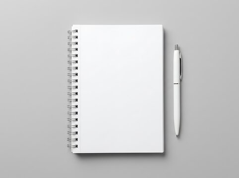 Blank spiral notebook with white pen on gray background