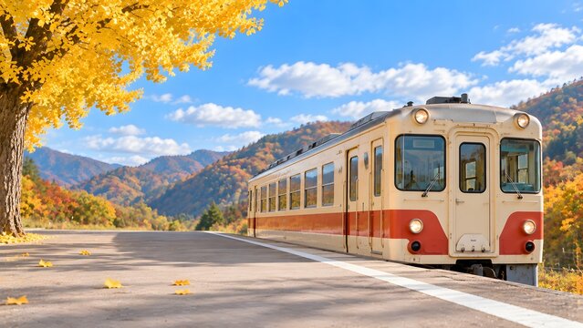 黄色いいちょうの下で停まるローカル線 山あいの小さな駅のホームと秋の青空