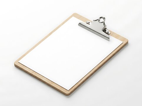 Angle view of a wooden clipboard with blank white paper sheet on white surface mockup