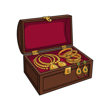 Wooden treasure jewelry box filled with indian gold necklaces bangles and earrings vector illustration