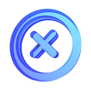 3D blue glass close cancel cross icon isolated on transparent background