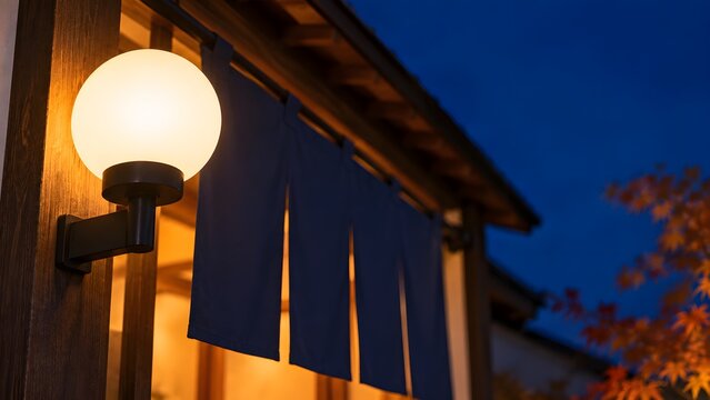 藍色の夜空に灯る銭湯の丸い軒灯と紺の暖簾 秋の夜の昭和レトロな和の情景