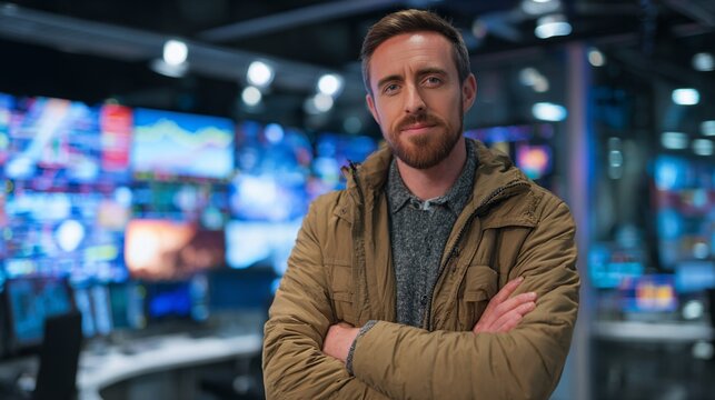 Media producer smiling confidently in a modern studio