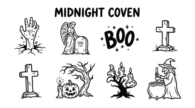 Set of hand drawn halloween spooky elements