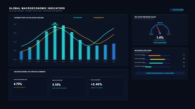 Digital dashboard displaying glowing bar charts, line graphs, and a speedometer, representing financial data analysis and performance metrics