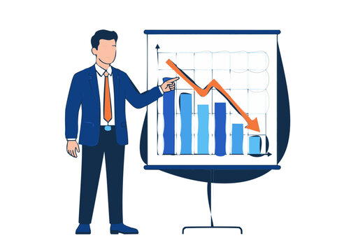 Businessman pointing at financial chart showing declining statistics and negative market trends for corporate growth