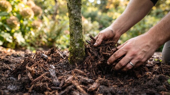 Spreading Wood Chips Mulch Around Tree Trunk Close-up, Hands Gardening for Soil Moisture
