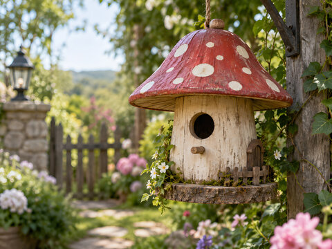 Ultra Realistic Whimsical Wooden Bird House with Mushroom Inspired Roof Premium Fairy Garden Decor Photography 16K
