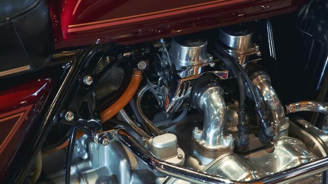 A close-up view of a vintage motorcycle internal combustion engine with polished chrome exhaust headers and electrical wiring, situated outdoors in daylight.