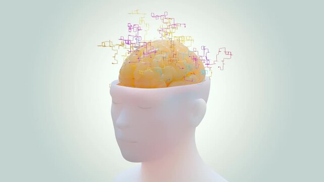 Brain working that shows creative work. Use multiple pastel colors for interest. with green background for use in medical or scientific content. Minimal idea concept, 3D Render.