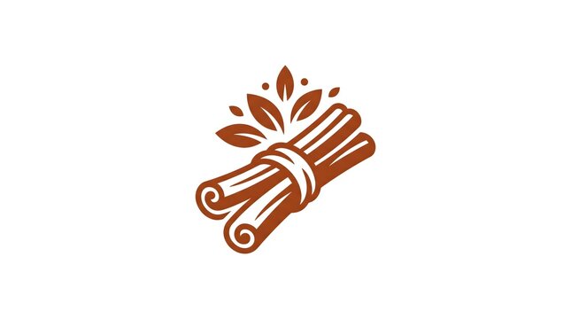 Stylized brown vector illustration of a tied bundle of cinnamon sticks with leaves, isolated on a white background