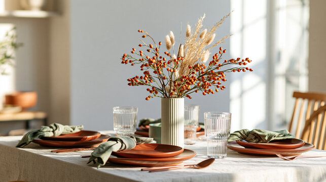 Modern minimalist thanksgiving table in a white dining room, muted terracotta plates, sage green napkins and a single sculptural arrangement of dried pampas and orange branches, br