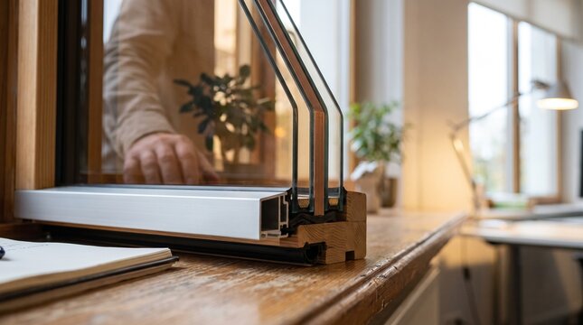 Modern triple glazed window cross-section, showing energy-efficient construction, with a person opening it in a bright office, for home improvement and architectural design
