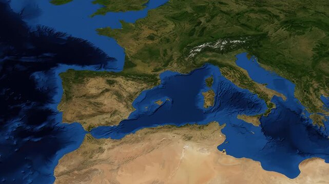 Cinematic world map zoom to Montpellier France with gps coordinate data overlay.