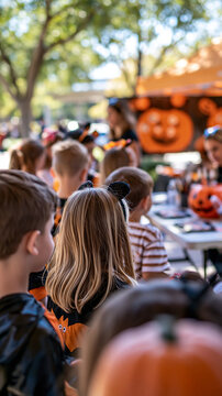 Vertical one-point perspective of a queue of children in simple Halloween accessories receding toward a bright outdoor face-paint station, photographed from behind, orange decorati