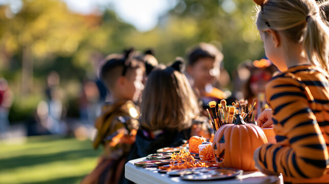A bright outdoor face-paint station placed on the right third of the frame, children waiting in simple Halloween accessories photographed from behind, brushes, palettes and orange