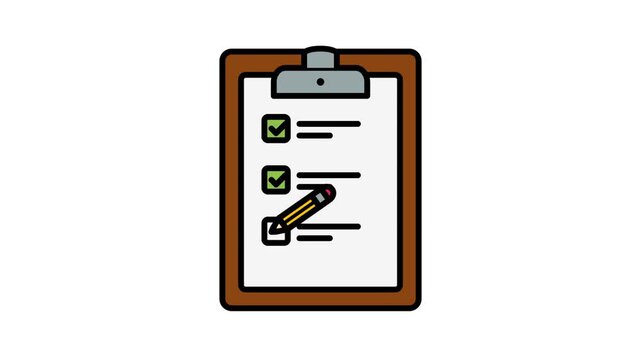 High-quality animated flat design of a business clipboard with a task checklist being filled out by a yellow pencil. Perfect for productivity, management, survey, and educational themes.