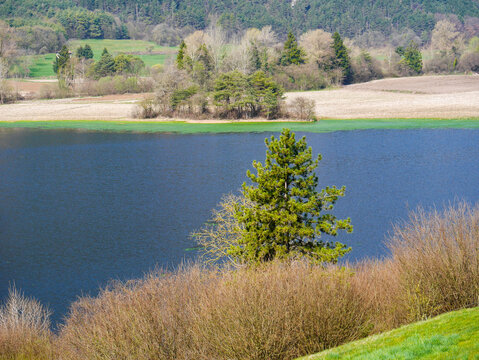 View of the temporary Bondo Lake at the Pertiuca terminal moraine above the village of Vesio. Vesio is part of the municipality of Tremosine.