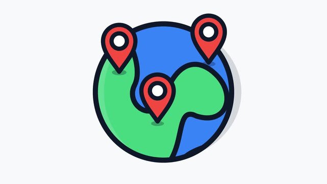 Seamless loop flat vector animation of hovering map pins over a static world globe, representing international travel, global business logistics, navigation, and location tracking.