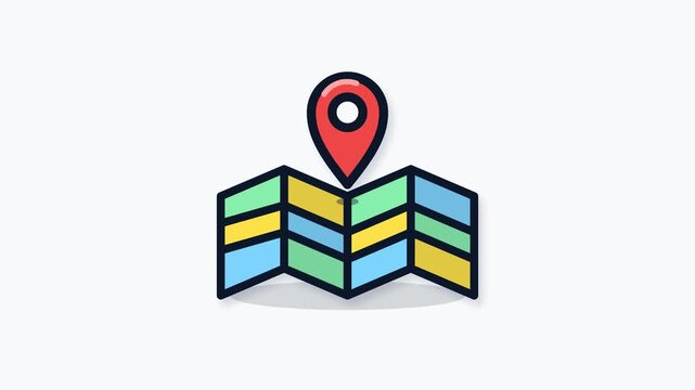 Seamless loop flat vector animation of a folded paper map with a hovering red location pin. Represents travel, GPS navigation, route tracking, and global tourism.