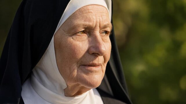 Portrait of an elderly nun in a black and white habit looking into the distance outdoors. Senior catholic sister with a wrinkled face in a garden. Faith, devotion and religious life