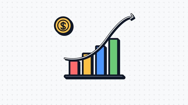 High-quality seamless loop flat vector animation of a financial growth chart in modern neo-brutalism style. Features dynamic path-tracing upward arrow, fluid wave animated bar graphs, and a levitating