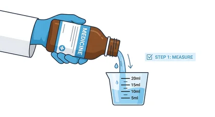 Healthcare worker pouring medicine into a clear cup with metric scale. Generative AI. © anammarques