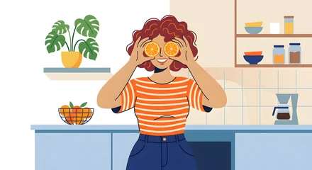 Smiling woman holding orange slices over eyes in kitchen. Generative AI. © anammarques