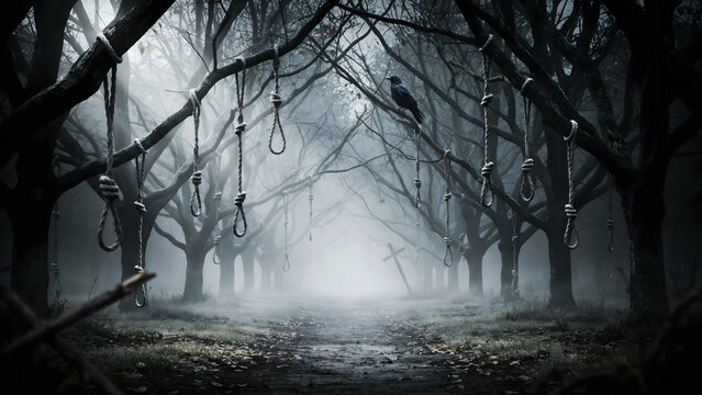 Eerie forest path with hanging noose ropes from tree branches, dark foggy atmosphere, and a lone crow perched in the gloomy woods