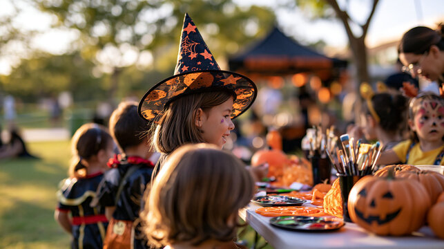 A bright outdoor face-paint station placed on the right third of the frame, children waiting in simple Halloween accessories photographed from behind, brushes, palettes and orange