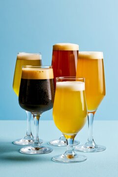 A collection of various beer glasses stands tall against a blue backdrop. Each glass showcases unique colors and styles of beer. This vibrant image captures the essence of craft breweries. AI
