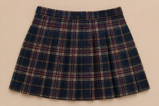 A navy blue plaid pleated skirt is displayed against a plain background.