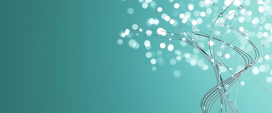 Abstract teal background featuring swirling, silver lines and bokeh lights