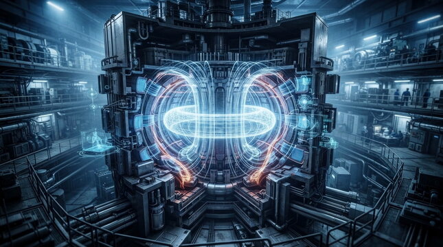 Fusion reactor cutaway with plasma torus, magnetic coil rings, adaptive AI field control, superconducting structures, and holographic sensing nodes.