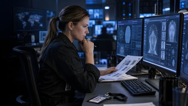 Security specialist reviews facial recognition results, highlighting biometric bias, identity verification concerns, and responsible AI oversight.