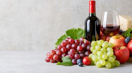 Obraz premium Red wine with fresh grapes, apples, berries and cheese arranged on a neutral background with generous copy space
