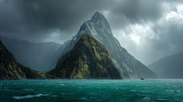 A snow capped mountain peak rises above a choppy sea under a dramatic stormy sky