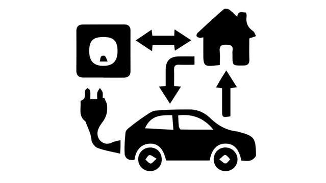 Electric vehicle home charging system icon, bidirectional energy flow between car and house, smart grid power management vector illustration