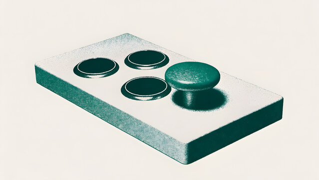Retro arcade controller and vintage gaming input. Video game entertainment and joystick gear. Green stick and buttons on minimal game pad