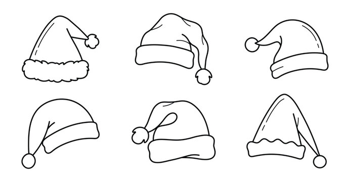 Six different styles of santa claus hats outline icons vector illustration for holiday graphic design