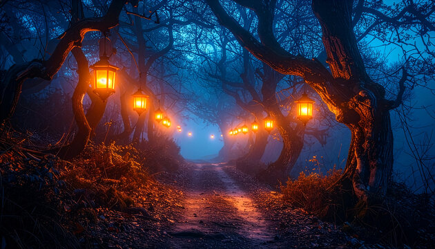 Glowing lanterns along a misty forest path at twilight