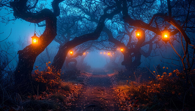 Hanging lanterns on twisted tree branches in a misty forest