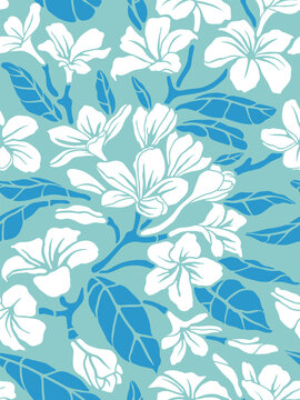Hand drawn seamless pattern with beautiful tropical plumeria flowers and leaves. Vector illustration, retro style. Can be used for embroidering flowers, wallpaper, packaging etc.