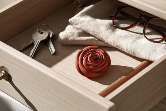 A beautifully arranged drawer showcasing a decorative rose motif alongside everyday essentials, creating a sense of organization and aesthetic charm.