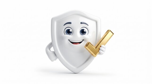 Cute white security shield mascot holding golden check mark, 3D protection mascot character, cyber safety concept