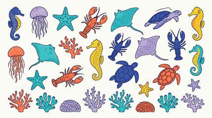 Obraz premium Colorful Hand-Drawn Collection of Sea Creatures and Underwater Marine Life Illustrations