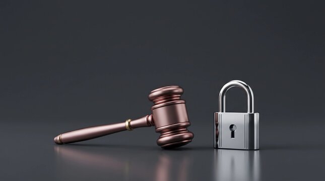 Wooden judge gavel and metal padlock on dark background, legal security and law enforcement concept, justice system and data protection